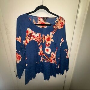 Charming Floral Lace-Trim Navy Women's Top